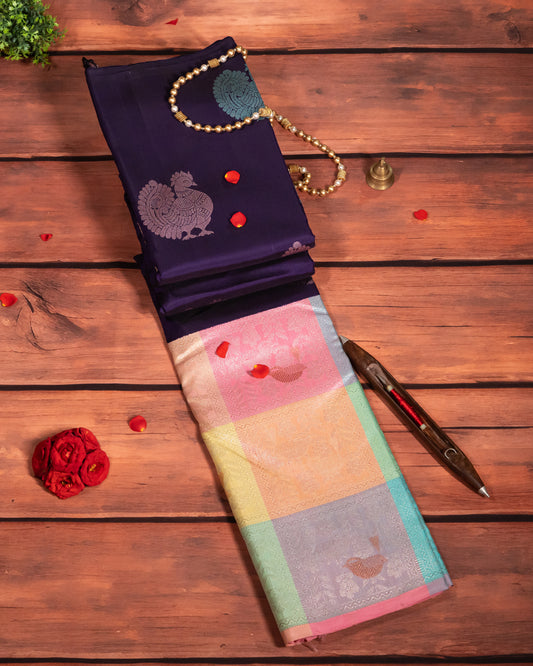 Big Border Korvai Silk Saree with Vibrant Multi Colour Contrast Border - Authentic Kanchipuram by BM Silks