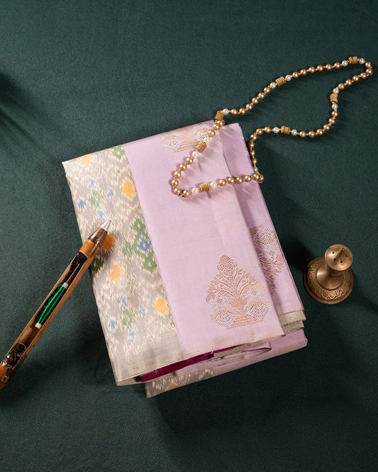 Lavender Kanchipuram Pure Silk Saree Without Border – Enchanting Fusion of Traditional Kanjivaram Craft and Contemporary Ikkat Artistry