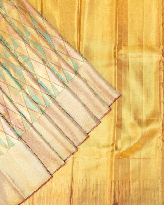 Gold Pink Green Kanchipuram Tissue Silk Saree with Geometrical Pattern and 1Gm Gold Zari