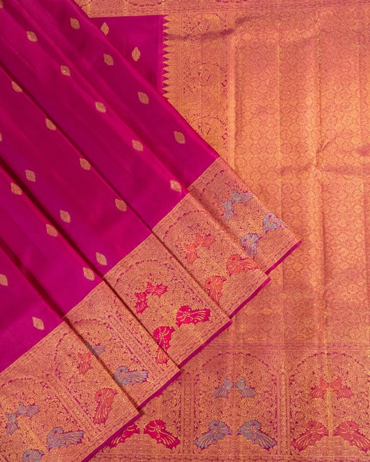 Majenta Pure Kanchipuram Silk Saree with Meena Turning Self Border | 2Gm Gold Zari | 100% Silkmark Certified