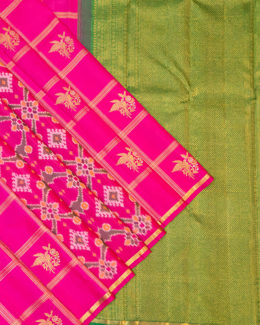 Pink Partli Kanchipuram Silk Saree with Ikkat Pleats Design and 2Gm Gold Zari | Pure Silk Silkmark Certified Self Border Saree
