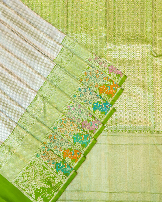 BM Silks Grey Bridal Kanchipuram Silk Saree with Turning Green Border | 2Gm Gold Zari | Pure Silkmark Certified