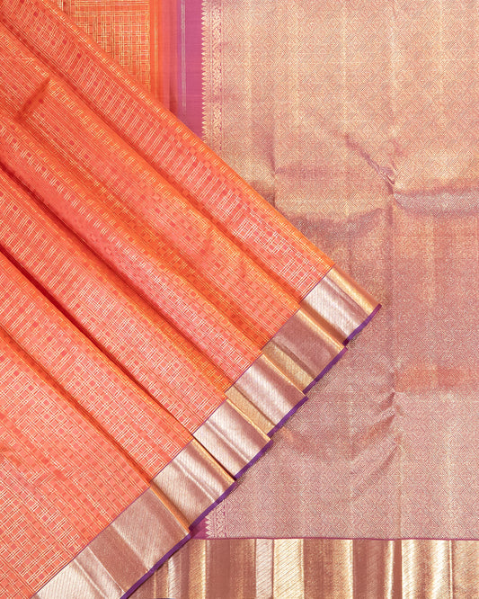 Kanchipuram Pure Silk Saree – Pink Body with Multicolor Podi Checks and Lavender Korvai Border, Silkmark Certified