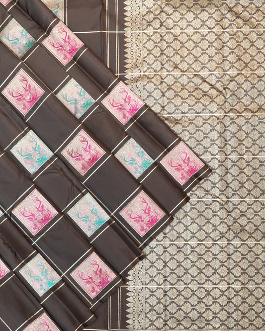 Kanchipuram Pure Silk Saree – Black Body with 2Gm Gold Zari Checks & Butta Motifs, Without Border, Silkmark Certified