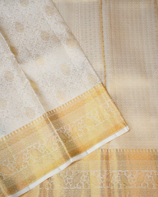 Half White Brocade Bridal Saree With Gold Border