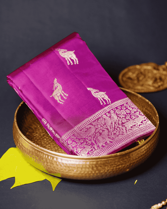 Violet Banaras Inspired Kanchipuram Silk sari with One Gram Gold Zari – Self Border, 100% Silkmark Certified Silk