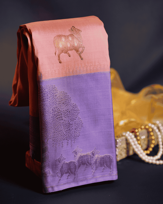 Pichwai Inspired Pastel Pink & Lavender Kanchipuram Silk Saree with Two Gram Gold Zari – Luxuriously Handcrafted.