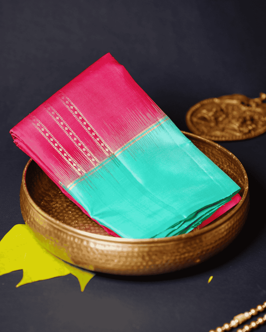 Pink Silk Saree with Teal Blue Border and Silkfast Zari – Soft Silk | Weightless Vertical Stripes Silk Sari, 100% Silkmark Certified Silk