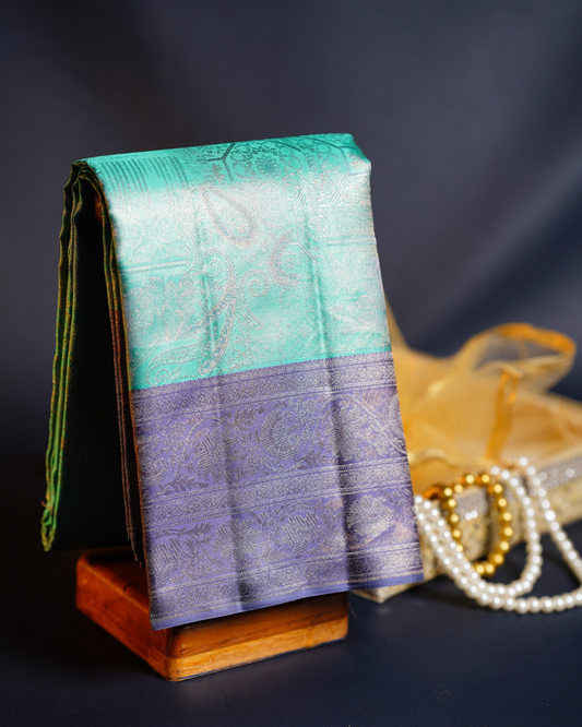 Blue Silk Saree with Grey Border and One Gram Gold Zari – Modern elegant pastel bridal silk sari, 100% Silkmark Certified Silk