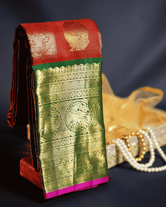 Rust Silk Saree with Green Border and One Gram Gold Zari – Rust Colour Korvai Border Traditional Silk Sari with Peacock and Square Butta with Gold and silver colour zari, 100% Silkmark Certified Silk