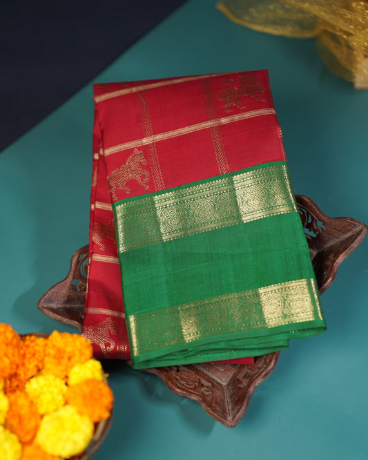 Korvai Double Border Saree with Yali & Horse Butta and Zari Kattam Weave