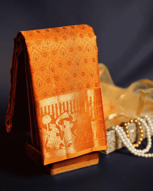 Yellow Gold Bridal Gold Wedditing Theme Border Silk Sari with One Gram Gold Zari – Self Border, 100% Silkmark Certified Silk