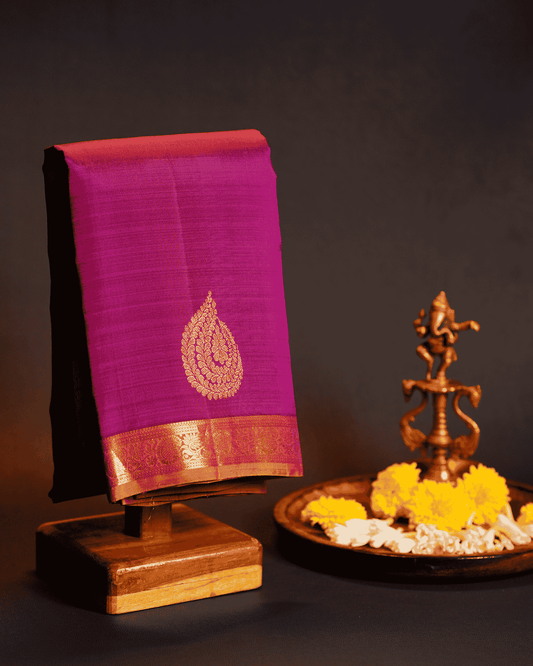 Kanchipuram Pure Silk Saree in Magenta and Mustard with Small Border, Adorned with One Gram Gold Zari – 100% Silkmark Certified
