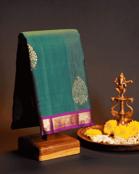 Pure Kanchipuram Silk Saree in Peacock Blue & Violet with Small Border and One Gram Gold Zari