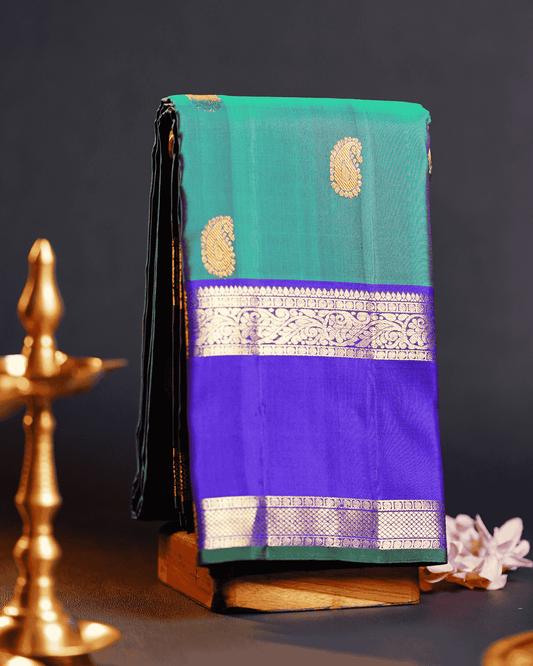Peacock Blue & Blue Kanchipuram Silk Saree with Majestic Rettai Double Border, Intricate Mango Butta Motifs, and One Gram Gold Zari