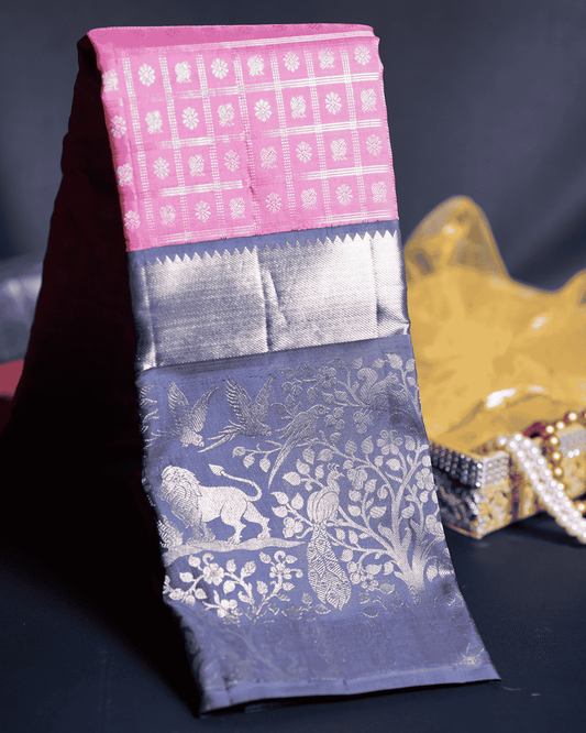 Pure Pink & Grey Kanchipuram Silk Saree with Majestic Vana Singaram Border, Intricate Mayil Chakram Kattam Body, and Two Gram Gold Zari