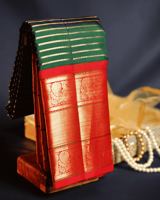 Green Silk Saree with Red Border and One Gram Gold Zari – Tradition korvai Vhel Dhari Elegant Silk sari, 100% Silkmark Certified Silk