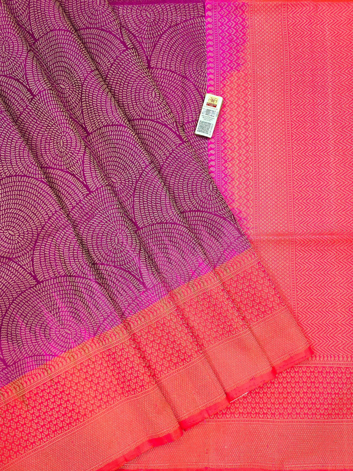 Violet and Orangish Kanchipuram Soft Silk Sarees with Beautiful Pink Border