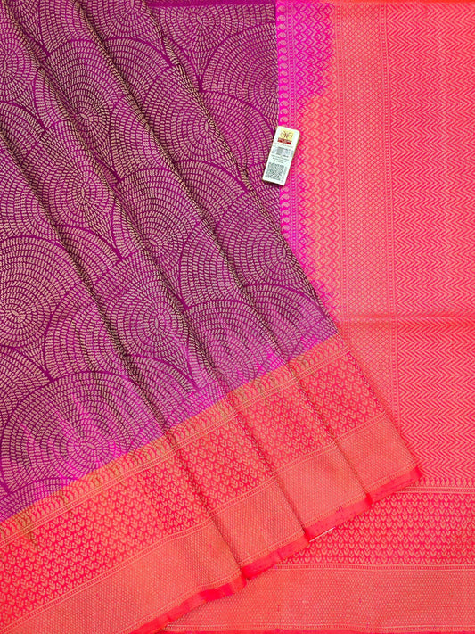 Violet and Orangish Kanchipuram Soft Silk Sarees with Beautiful Pink Border