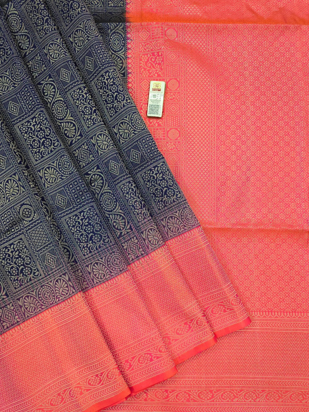 Harmonious Contrast Blue Kanchipuram Soft Silk Sarees with Orange Border Harmonious Contrast Blue Kanchipuram Soft Silk Sarees with Orange Border