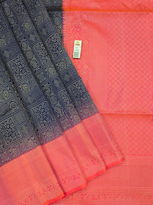Harmonious Contrast Blue Kanchipuram Soft Silk Sarees with Orange Border