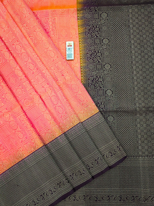 Elevate your style with our stunning Sunkissed Orange Kanchipuram Soft Silk Sarees with a classic Black Border