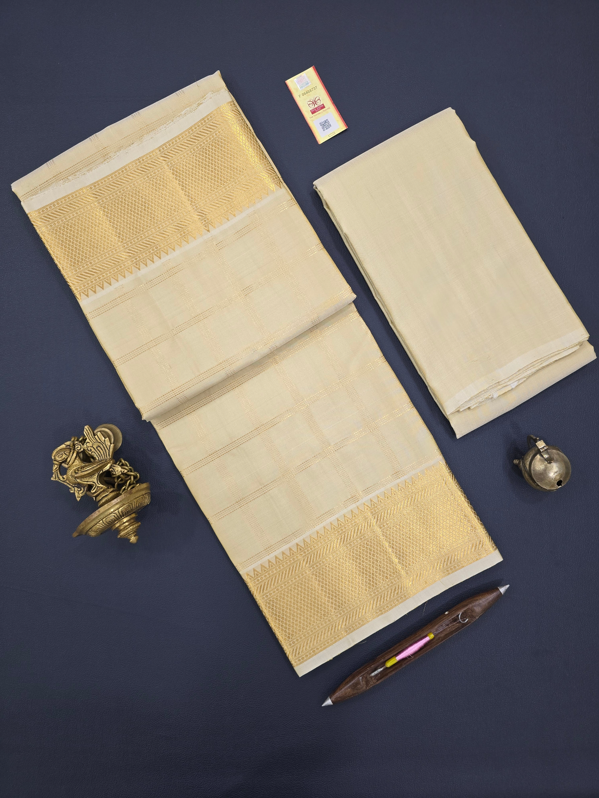 Bridal Dhoti, Angavastram and Shirt Set with Zari Checks Pattern Bridal Dhoti, Angavastram and Shirt Set with Zari Checks Pattern