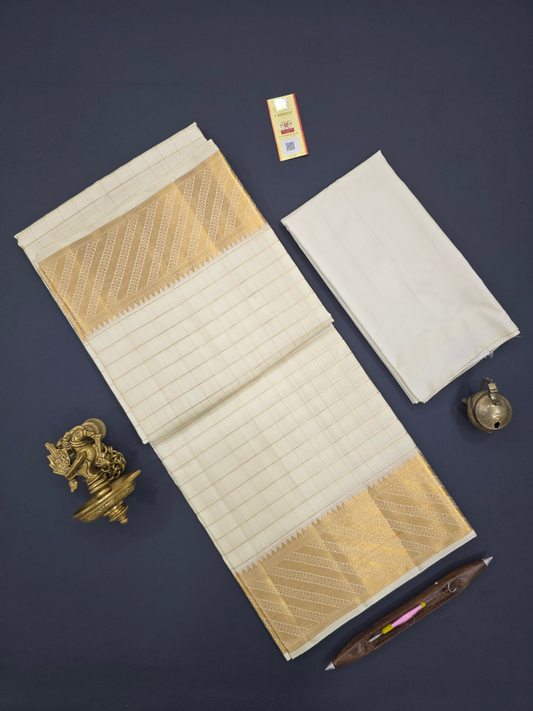 Bridal Dhoti, Angavastram and Shirt Set with Zari Checks Pattern