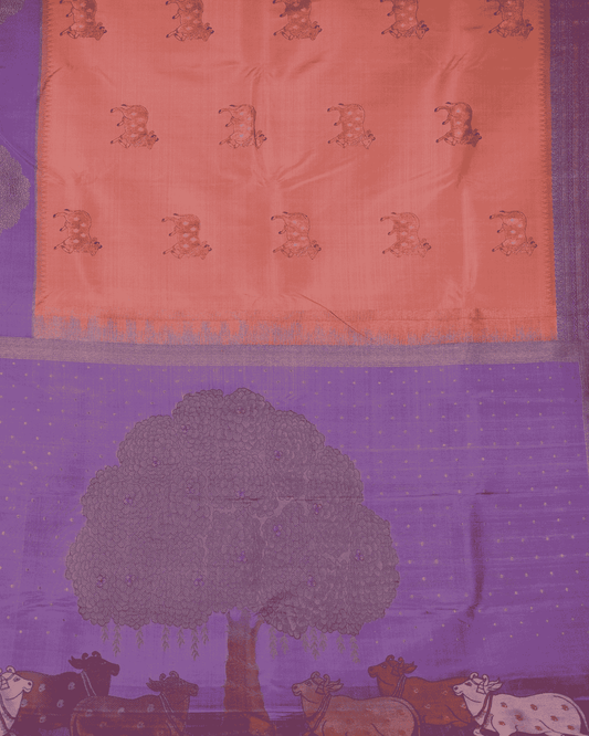 Pichwai Inspired Pastel Pink & Lavender Kanchipuram Silk Saree with Two Gram Gold Zari – Luxuriously Handcrafted.