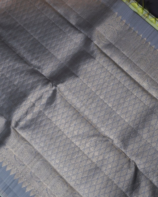 Apple Green Saree with Contrast Grey Border, Bhel Dhari Weave, Poo Chakram & Annapakshi Butta, and Mayil Motif Accents