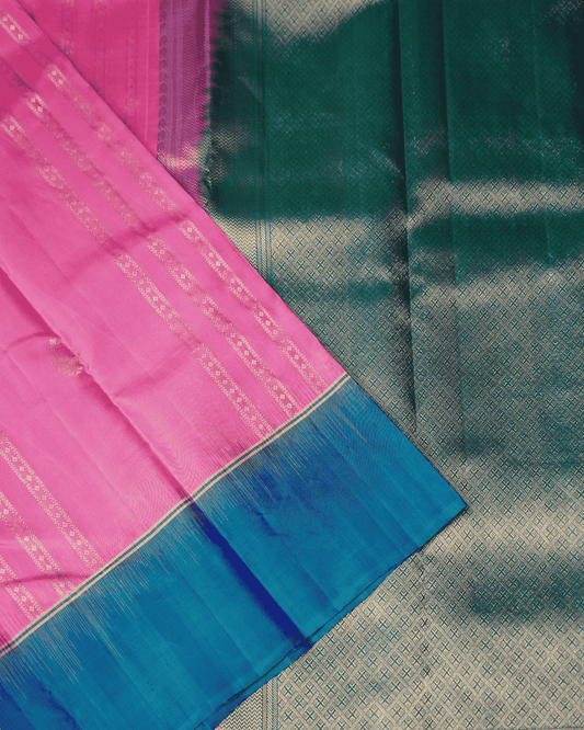 Elegant Soft Silk Saree with Weightless Vertical Stripes in Baby Pink & Teal Blue, Adorned with Silkfast Zari