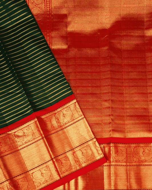 Tradition Korvai Vhel Dhari Elegant Kanchipuram Silk Saree with One Gram Gold Zari | Green and Red | 100% Silkmark Certified