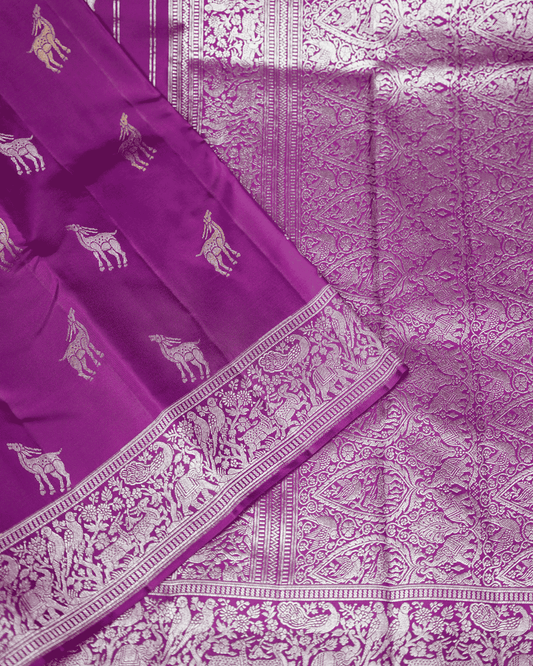 Banaras-Inspired Violet Kanchipuram Silk Saree with One Gram Gold Zari and Self Border | 100% Silkmark Certified