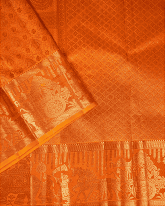 Bridal Gold Wedding Theme Kanchipuram Silk Saree with One Gram Gold Zari | Yellow Gold Self Border | 100% Silkmark Certified | Crafted by BM Silks