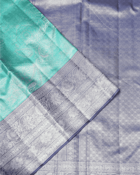 BM Silks Modern Elegant Pastel Bridal Silk Saree in Blue & Grey with Luxurious One Gram Gold Zari – Exquisitely Handcrafted in Pure Kanchipuram Silk