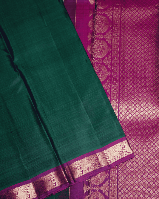 Pure Kanchipuram Silk Saree in Peacock Blue & Violet with Small Border and One Gram Gold Zari