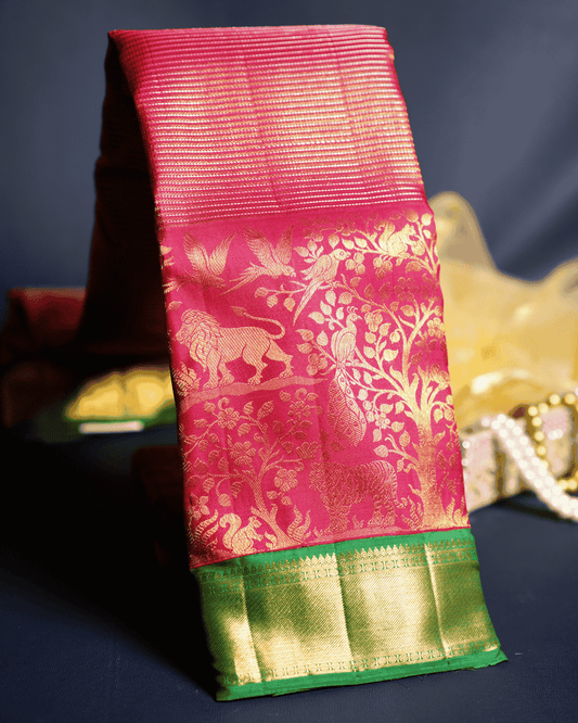 BM Silks Kanchipuram Silk Saree in Rich Red & Emerald Green Featuring Exquisite Vana Singaram Getti Border and Two Gram Gold Zari