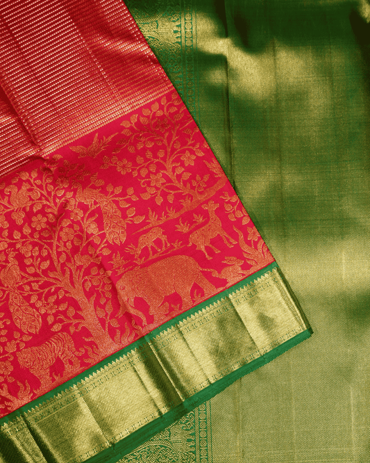 BM Silks Kanchipuram Silk Saree in Rich Red & Emerald Green Featuring Exquisite Vana Singaram Getti Border and Two Gram Gold Zari