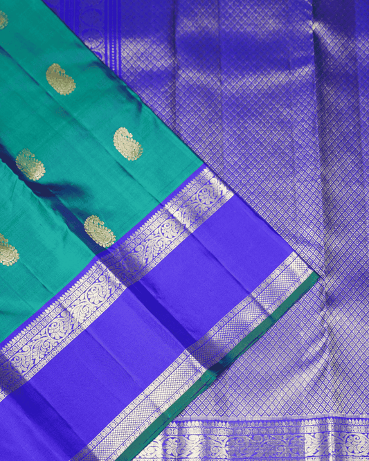 Peacock Blue & Blue Kanchipuram Silk Saree with Majestic Rettai Double Border, Intricate Mango Butta Motifs, and One Gram Gold Zari