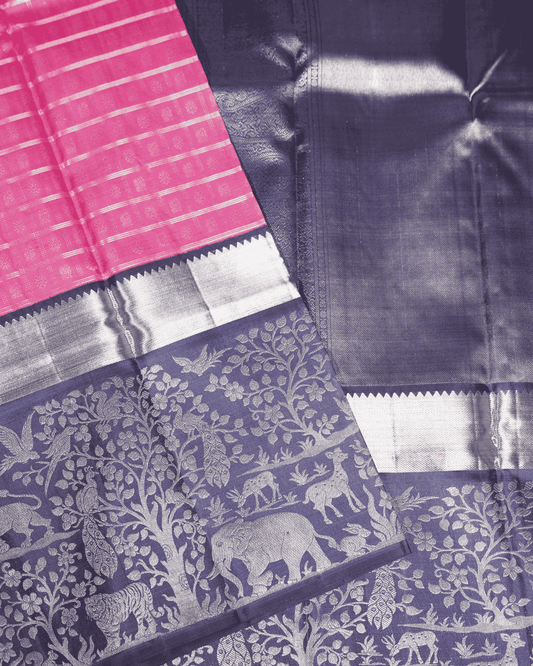 Pure Pink & Grey Kanchipuram Silk Saree with Majestic Vana Singaram Border, Intricate Mayil Chakram Kattam Body, and Two Gram Gold Zari