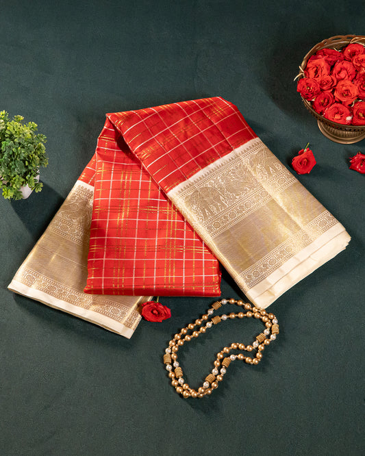 Red Korvai Kanchipuram Silk Saree with White/Cream Border, 2Gm Gold Zari & Thread Checks, 100% Pure Silk Silkmark Certified