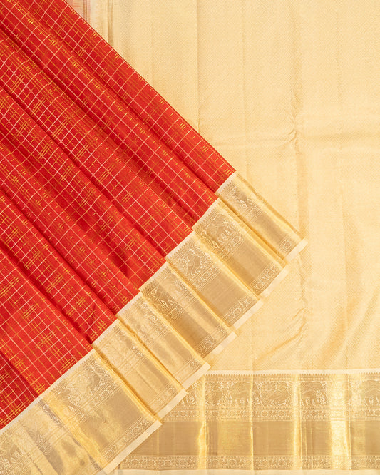 Red Korvai Kanchipuram Silk Saree with White/Cream Border, 2Gm Gold Zari & Thread Checks, 100% Pure Silk Silkmark Certified