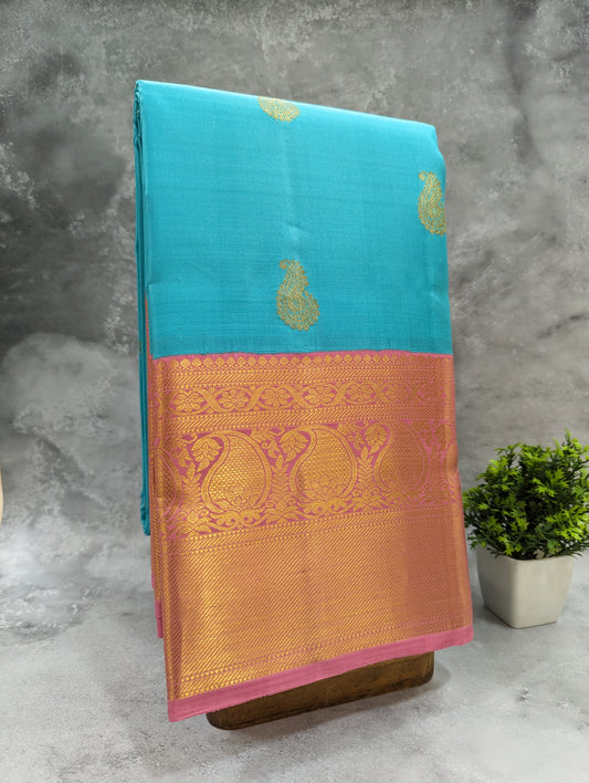 Elegant blue designer silk saree with delicate light pink Korvai traditional border