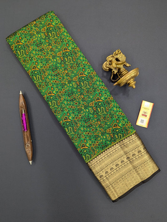 Enchanting Emerald Kanchipuram Silk Saree with Black Border and Abstract Amoeba Design