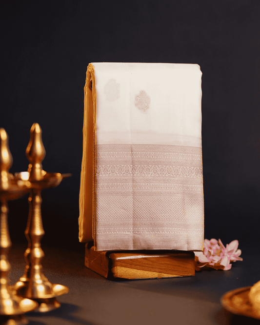 Turning Border Half White Antique Copper Color Zari Silk Saree