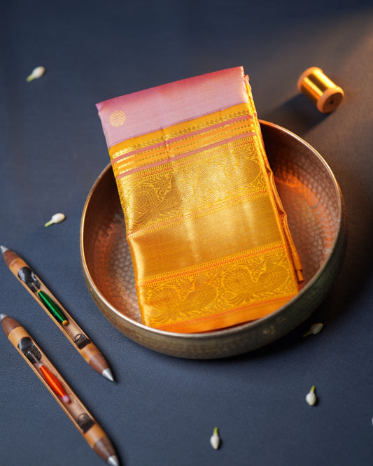 Korvai Border Saree with Devadatta (Flying Horse) & Coin Butta, Accented with Orange-Pink Border Highlights