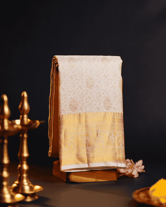 Half White Brocade Bridal Saree With Gold Border