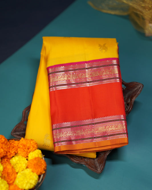 Korvai Double Border Silk Saree with Devadatta (Flying Horse) Butta and Meena Work on Border