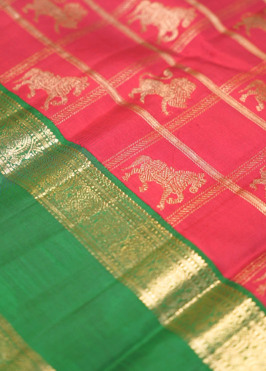 Korvai Double Border Saree with Yali & Horse Butta and Zari Kattam Weave