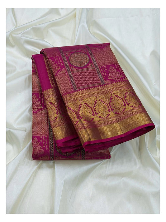 Bright Magenta Rose Handwoven Kanchipuram Silk Saree with Gold Butta Weave and Antique Zari Border
